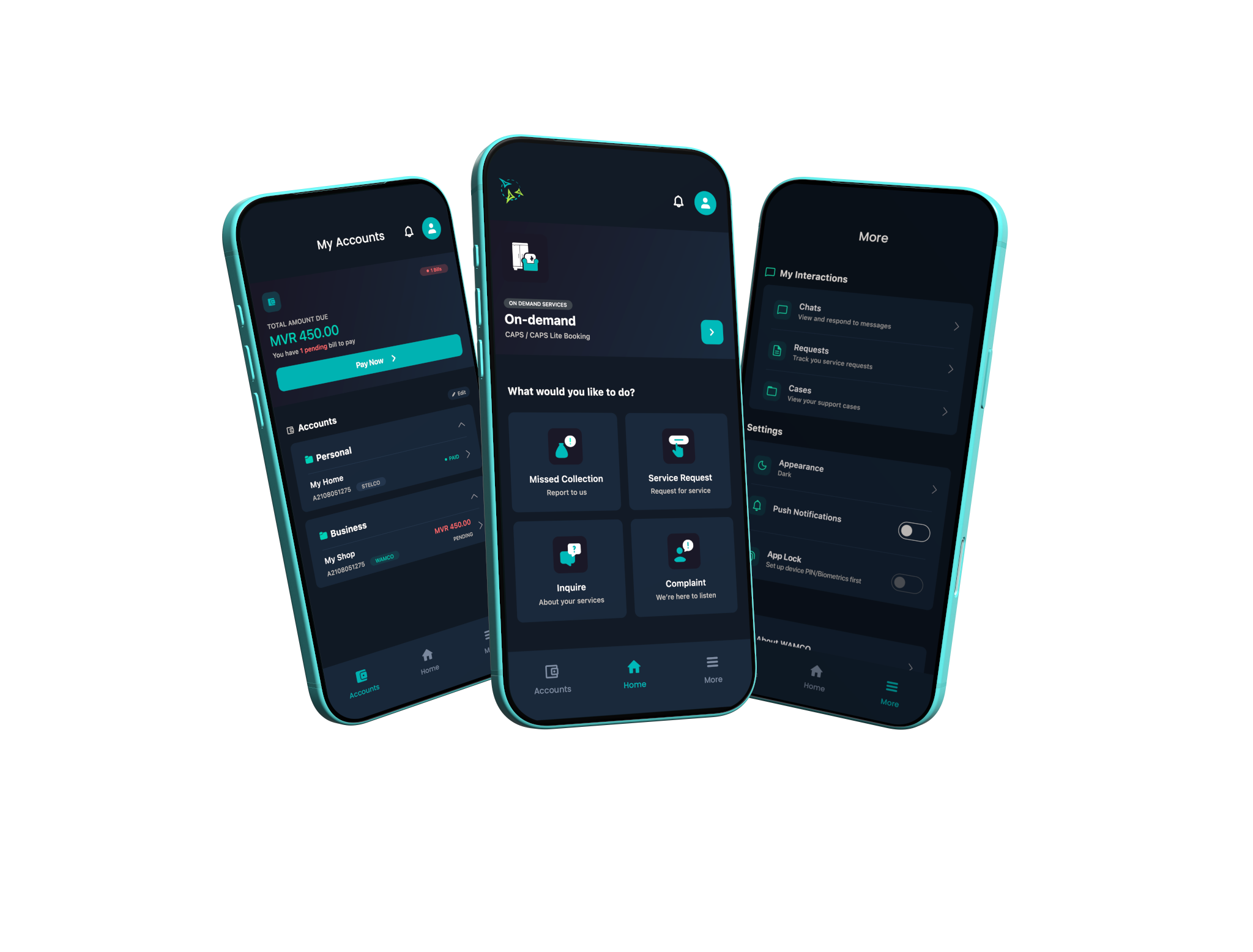 WAMCO App screens showing accounts, on-demand services, and settings